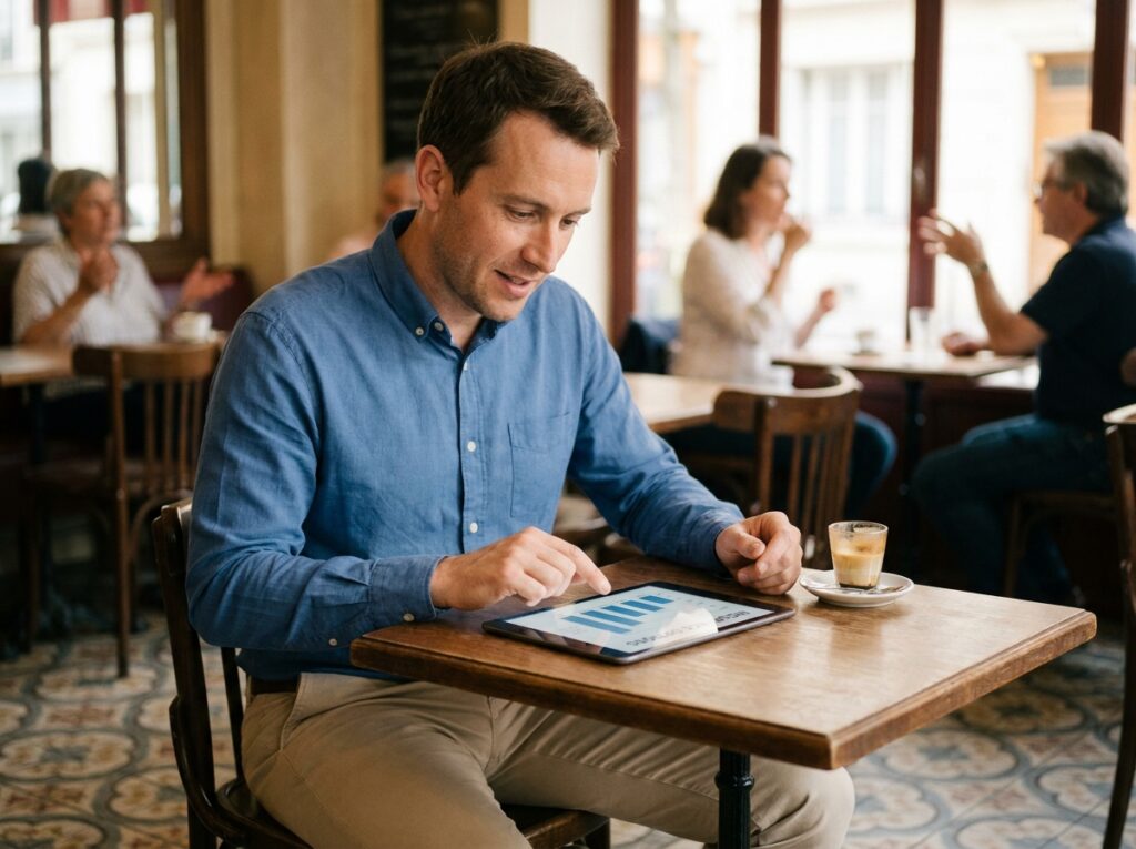 Auto-entrepreneur consultant un comparatif de mutuelles sur tablette dans un café parisien