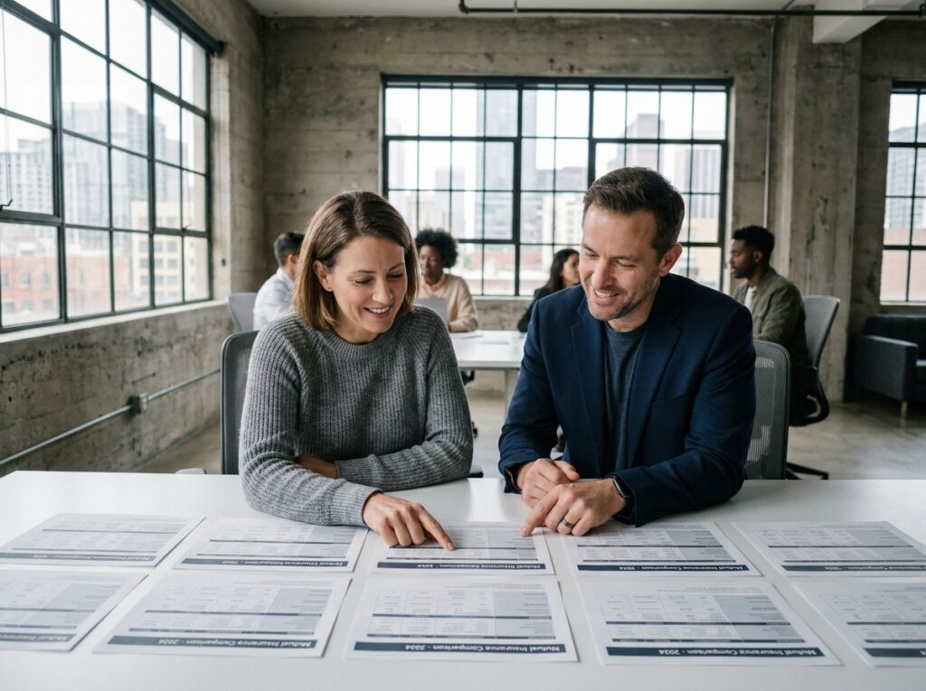 Deux auto-entrepreneurs analysant ensemble des comparatifs de mutuelles dans un espace de coworking moderne