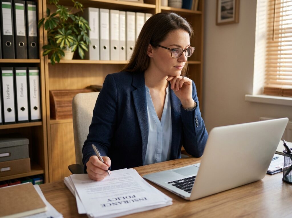 Auto-entrepreneuse comparant des offres de mutuelle sur ordinateur portable avec des documents d'assurance sur son bureau à domicile