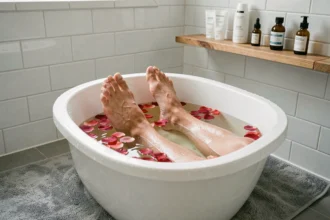 Pieds trempant dans un bain de pieds chaud aux pétales de rose pour ramollir les ongles avant la coupe