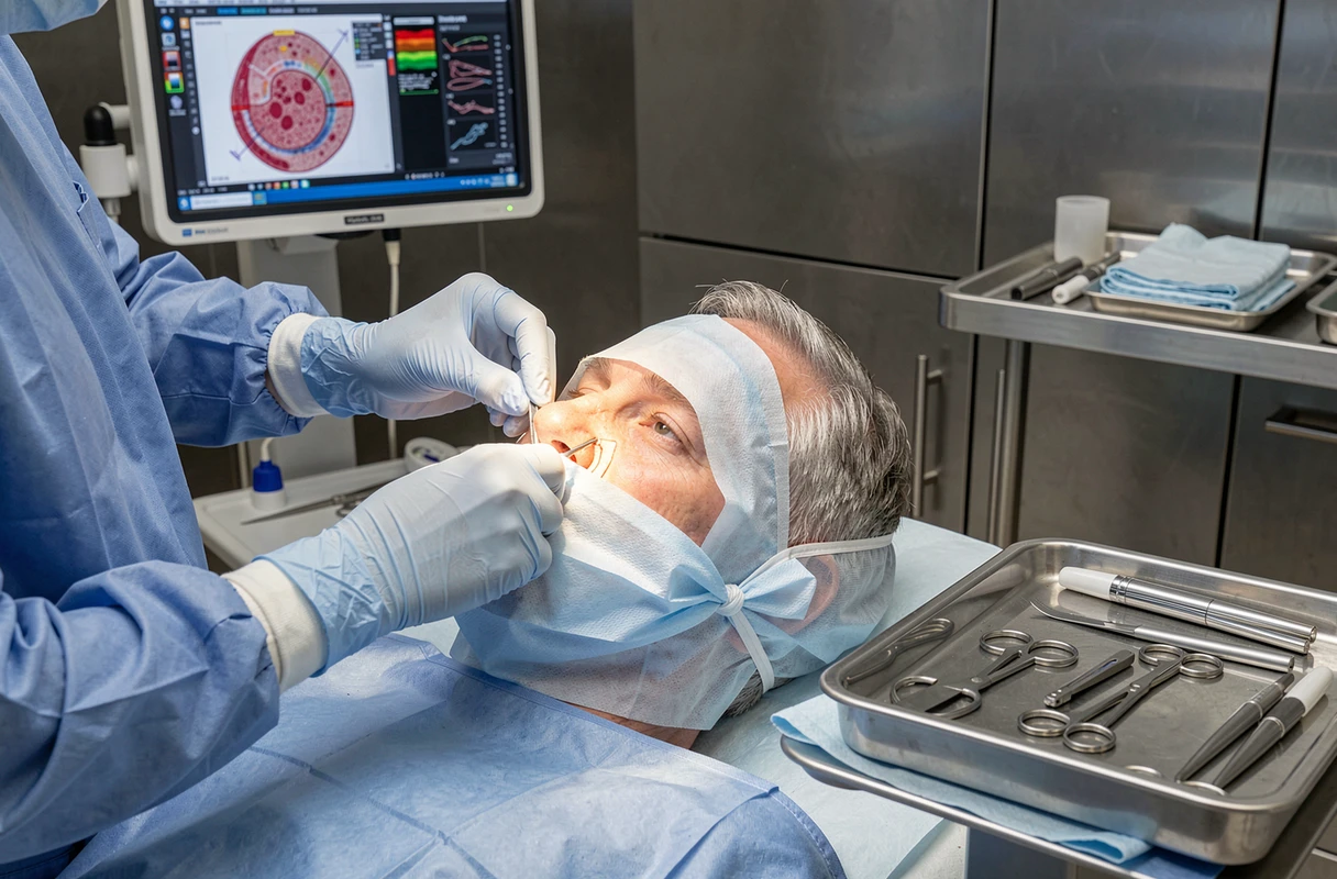 Équipe chirurgicale préparant une intervention de chirurgie de Mohs sur le nez d'un patient en salle d'opération
