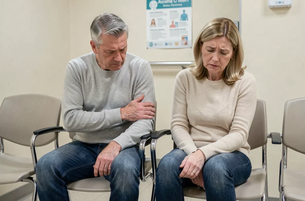 Homme et femme en salle d'attente médicale présentant des symptômes différents de douleur au bras gauche, comparaison hommes et femmes