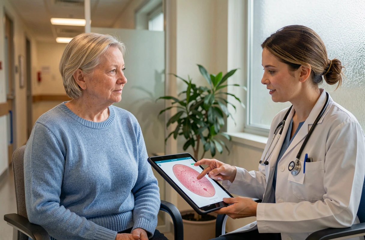 Patiente en consultation oncologique recevant des informations sur le traitement du cancer de la peau du nez