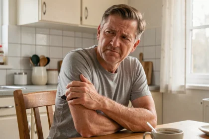 Homme d'une cinquantaine d'années tenant son bras gauche avec une expression de douleur modérée, assis dans une cuisine domestique