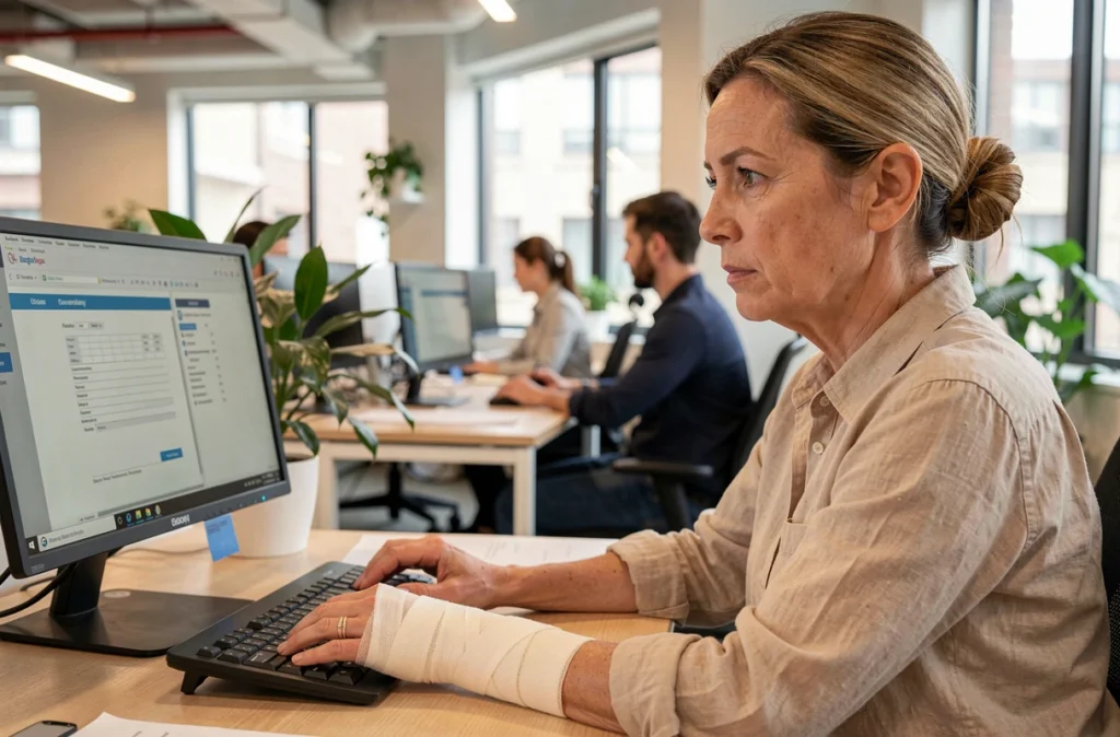 Employée de bureau avec un poignet blessé bandé qui consulte un formulaire médical à son bureau, illustrant la question de la reprise après accident du travail