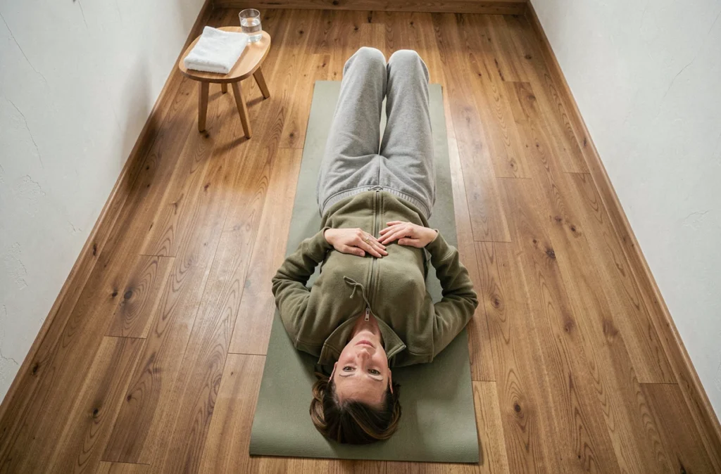 Femme allongée sur un tapis de yoga en vue plongeante, main posée sous les côtes droites dans une posture de détente et soulagement