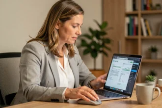 Femme consultant ses remboursements Camueg en temps réel sur un ordinateur portable dans un bureau à domicile