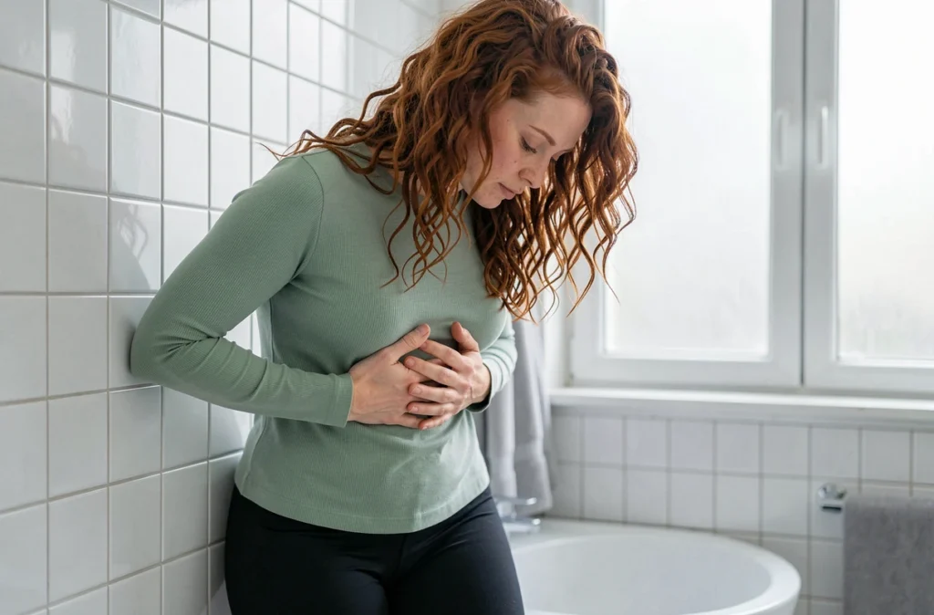 Femme debout penchée en avant les mains sur les côtes droites cherchant à soulager une douleur sous-costale