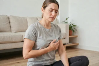 Femme assise sur le sol tenant sa main droite sous les côtes droites en signe de douleur abdominale, dans un salon épuré et lumineux