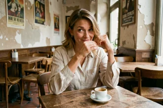 Femme se grattant la main droite dans un café parisien avec un sourire espiègle, symbolisant la chance et la superstition populaire
