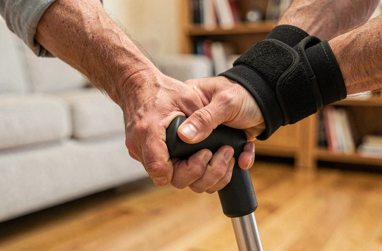 Gros plan sur des mains tenant une béquille ergonomique avec attelle de poignet rigide en néoprène