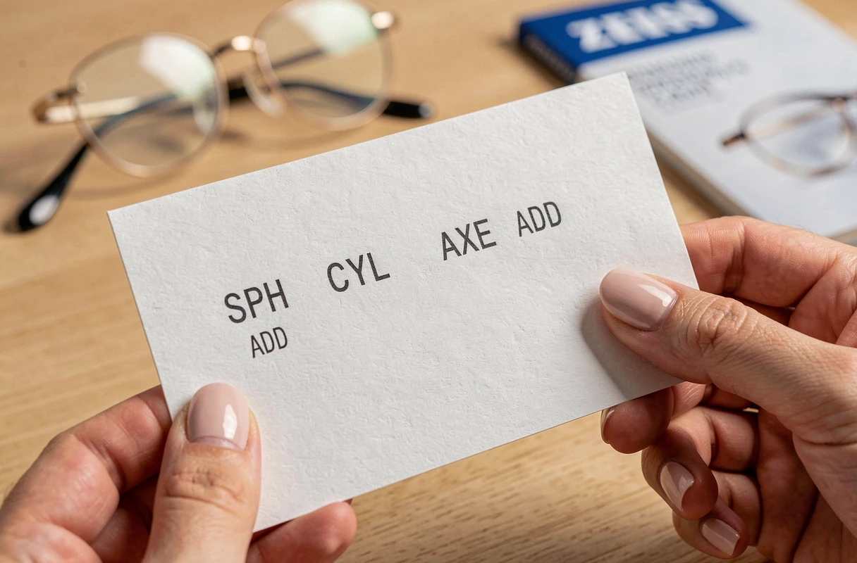 Gros plan sur une ordonnance ophtalmologique avec les termes SPH CYL AXE pour choisir les bons verres ZEISS