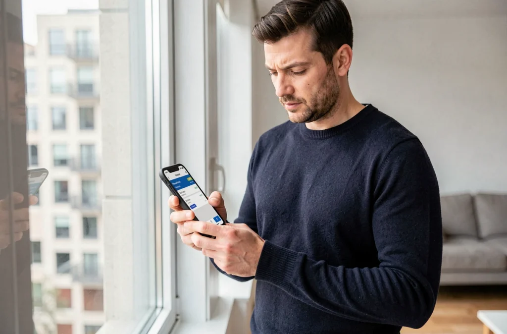 Homme utilisant une application mobile pour suivre ses paiements Camueg en temps réel