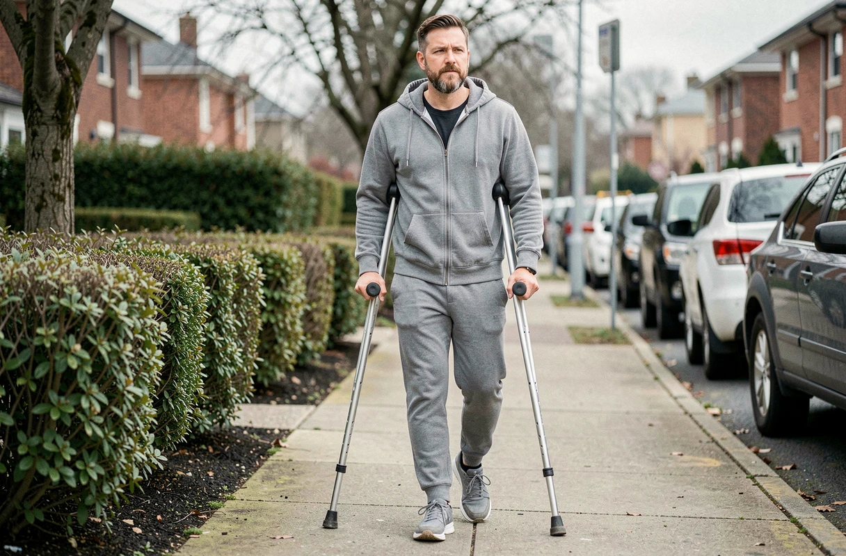 Homme utilisant une béquille axillaire avec poignée rembourrée pour protéger ses poignets en extérieur