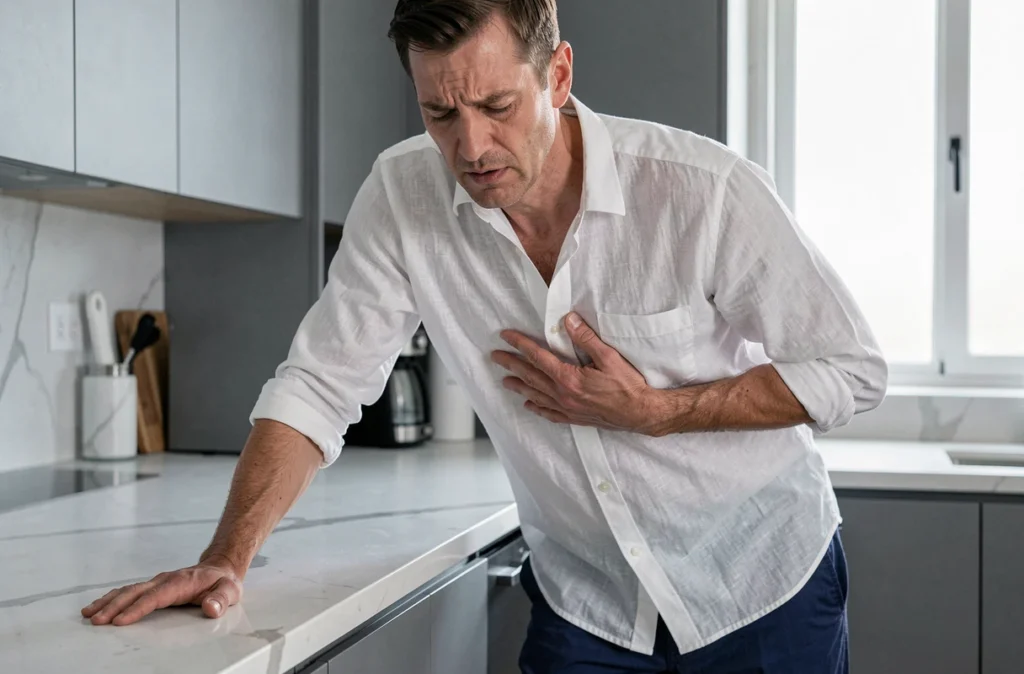 Homme debout dans une cuisine moderne, main posée sous les côtes droites exprimant une gêne abdominale légère