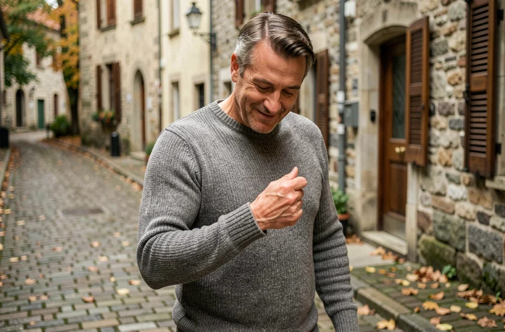 Homme d'âge mûr se grattant la paume de la main droite dans une rue pavée européenne, associant geste quotidien et superstition de la chance