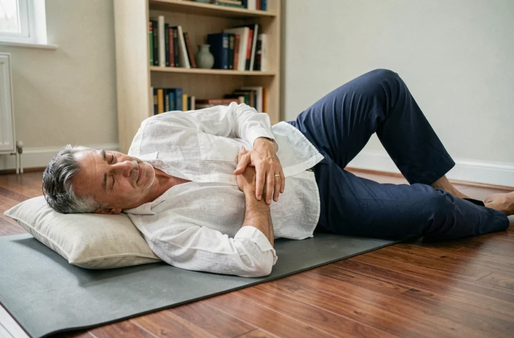 Homme allongé sur le côté gauche sur un tapis de yoga pour soulager une douleur sous-costale droite