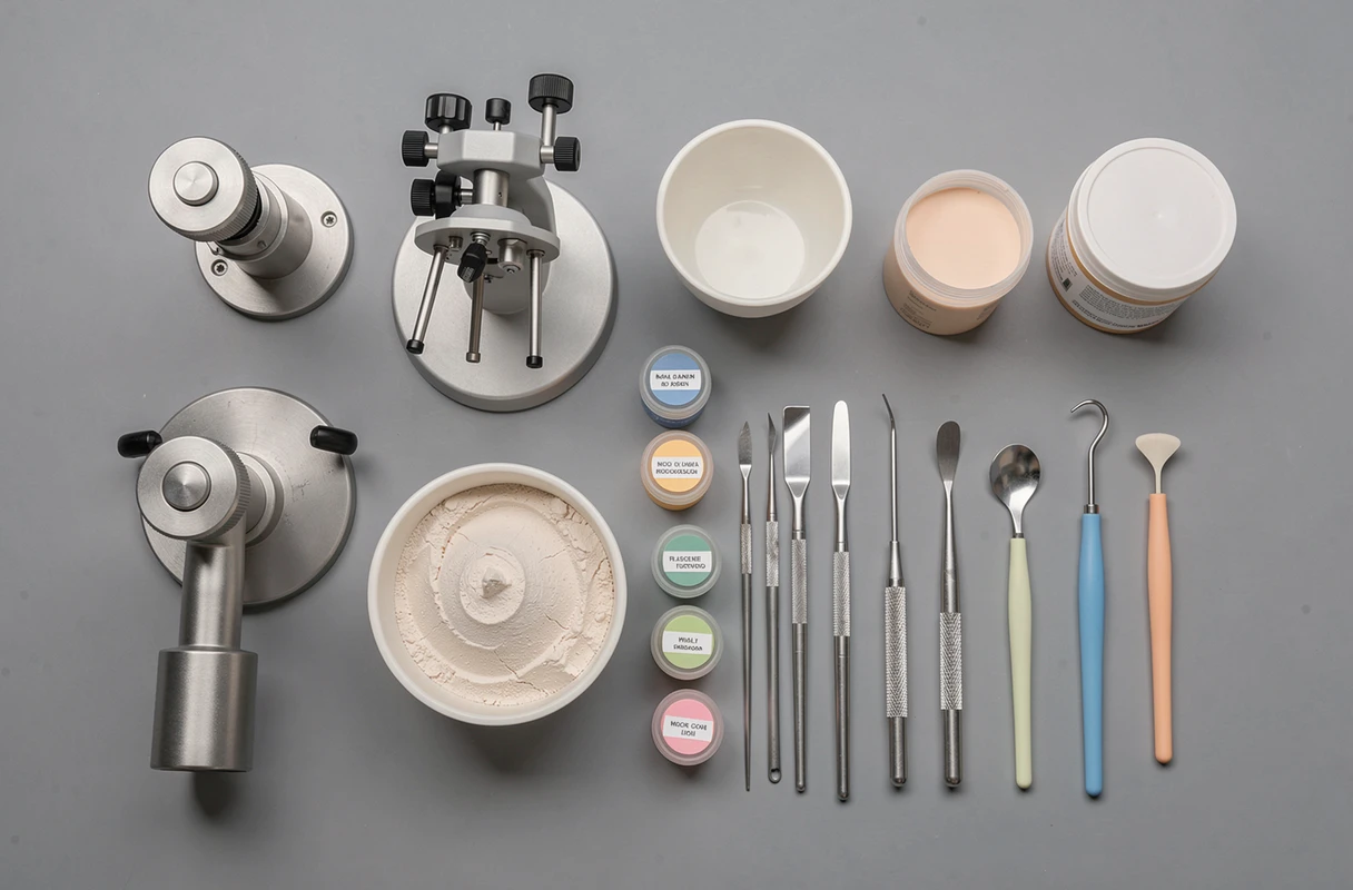 Ensemble d'outils et matériel de laboratoire dentaire Capdentaire disposés sur un plan de travail professionnel, incluant articulateurs et spatules de précision