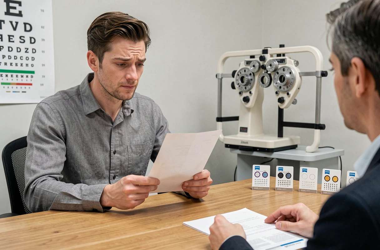 Patient lisant son ordonnance ophtalmologique face à un opticien avec des échantillons de verres ZEISS sur le bureau