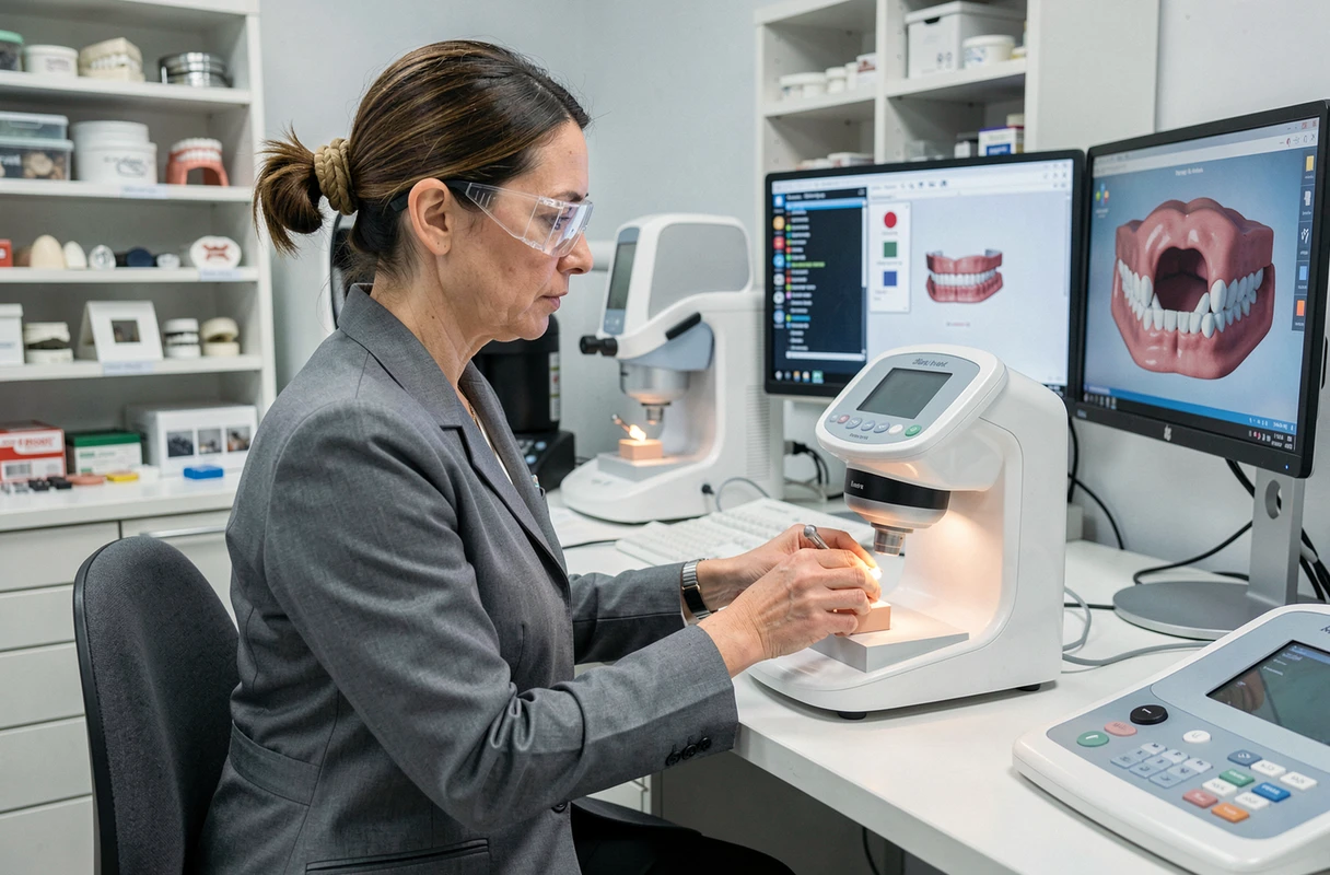Technicienne dentaire utilisant une fraiseuse CAD/CAM pour façonner un bloc de zircone dans un laboratoire dentaire moderne équipé de matériel Capdentaire