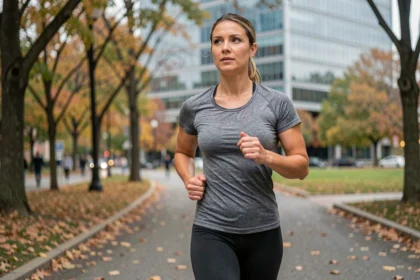 Femme active faisant du jogging en pause déjeuner près d'un immeuble de bureaux pour améliorer sa productivité au travail