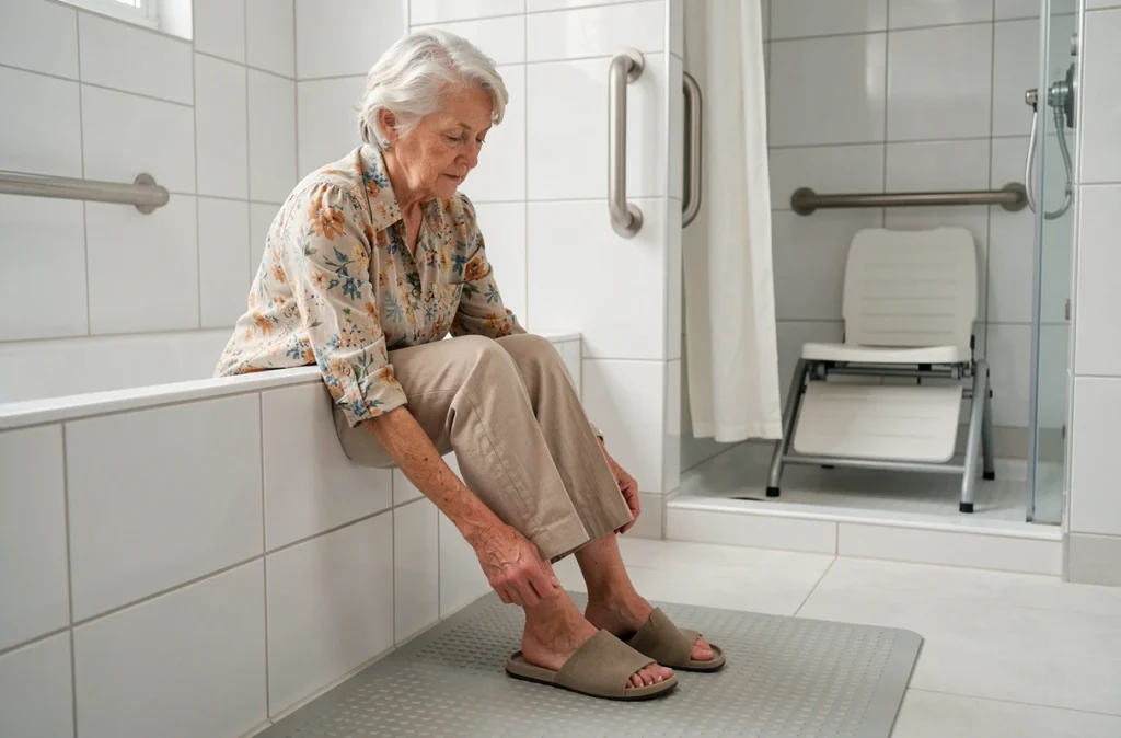 Femme âgée utilisant des équipements d'adaptation salle de bain pour éviter les chutes