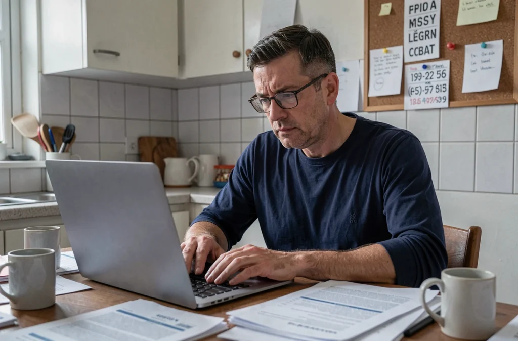 Un aidant familial masculin consultant des documents administratifs à la cuisine, illustrant les démarches et droits liés au statut d'aidant