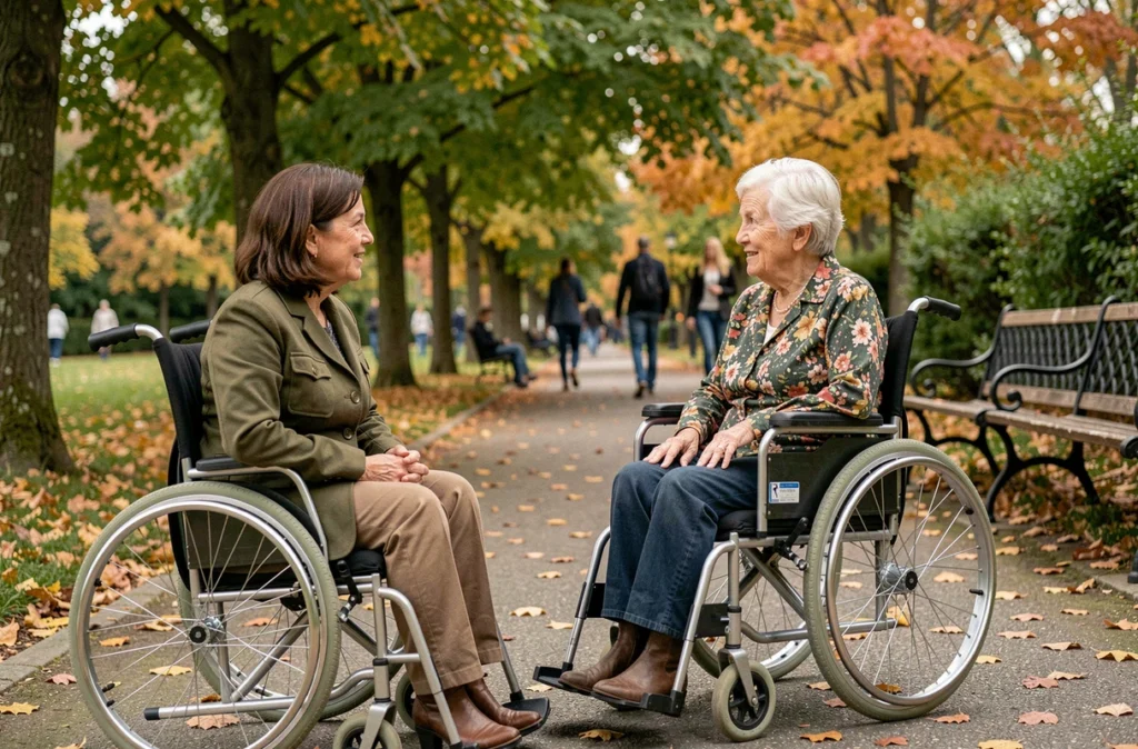 Une aidante familiale accompagnant une personne en fauteuil roulant dans un parc en automne, symbolisant le droit à la vie sociale et à l'autonomie des personnes aidées