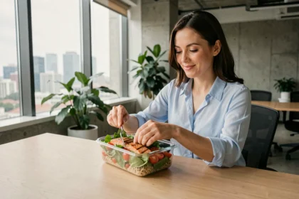 Femme professionnelle mangeant un repas équilibré à son bureau dans un open-space moderne, favorisant la vigilance au travail
