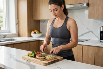 Femme sportive préparant un repas équilibré après l'entraînement avec du poulet grillé, légumes et quinoa dans une cuisine moderne