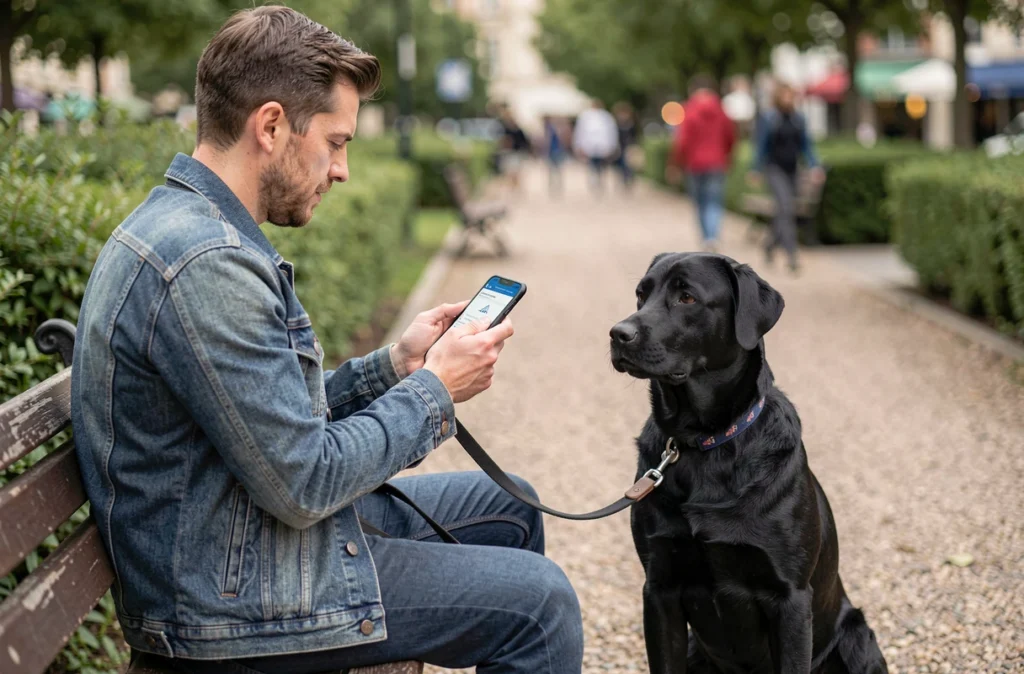 Homme comparant les prix d'assurance pour chien sur smartphone dans un parc urbain avec son labrador