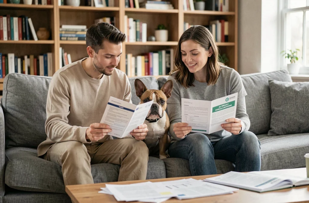 Couple discutant du coût mensuel de l'assurance pour leur bouledogue français à la maison