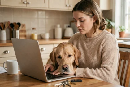 Femme consultant une assurance pour chien sur son ordinateur portable avec son golden retriever à ses côtés