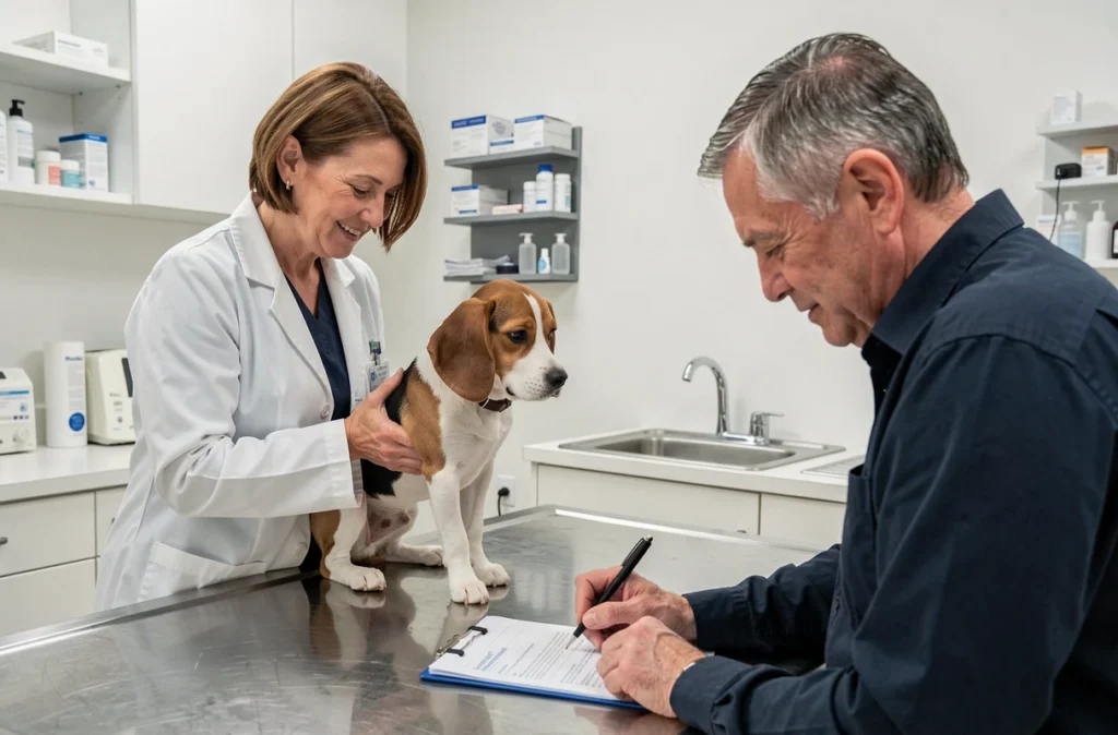 Vétérinaire examinant un beagle pendant que le propriétaire complète un formulaire d'assurance animale