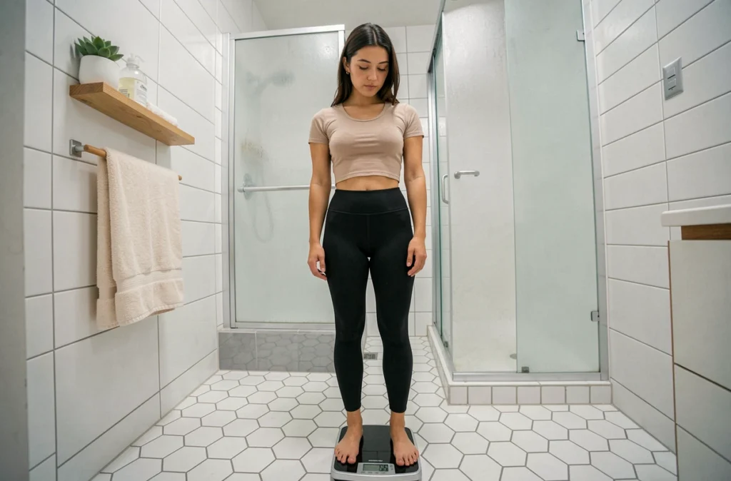Femme sur une balance dans une salle de bain moderne, illustrant le lien entre qualité du sommeil et gestion du poids corporel