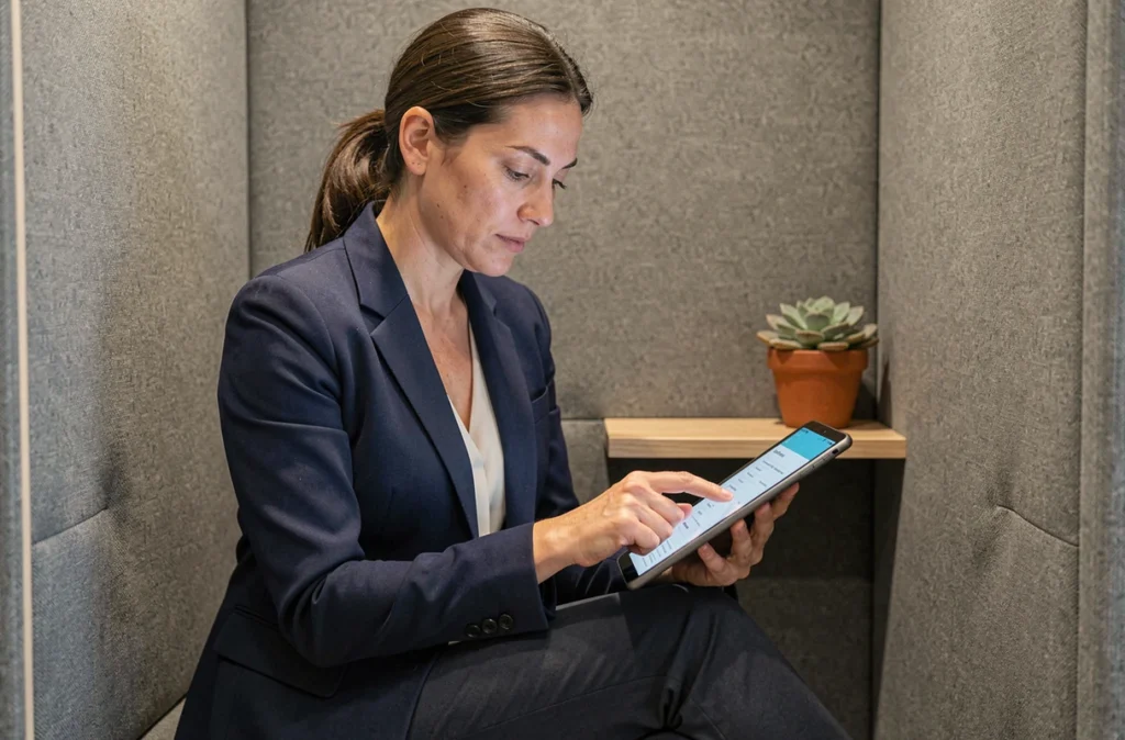 Employée complétant un bilan de santé numérique dans un espace de consultation bien-être confidentiel au sein d'une entreprise