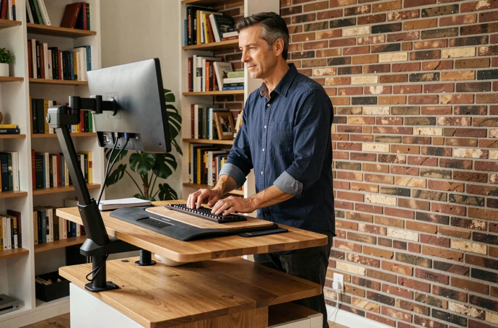 Homme debout à un bureau réglable en hauteur dans un home office ergonomique avec tapis anti-fatigue