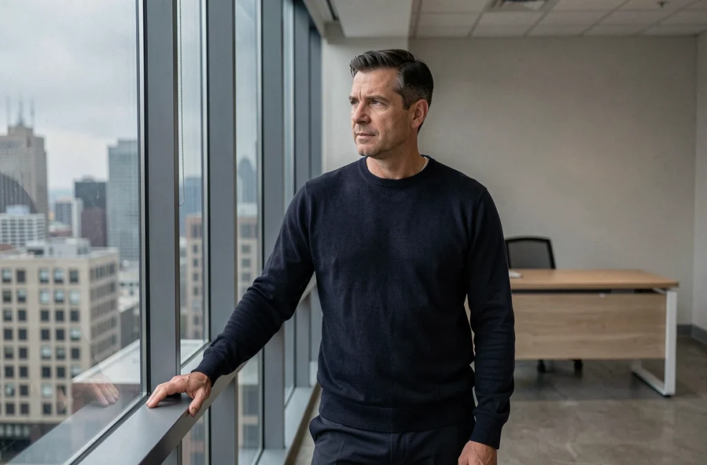 Un cadre pensif regardant par la fenêtre de son bureau en ville, symbolisant la réflexion sur le bien-être mental au travail