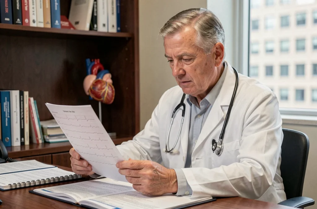 Cardiologue analysant un électrocardiogramme lié aux complications cardiovasculaires du diabète de type 2
