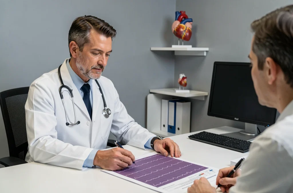 Cardiologue en consultation montrant des résultats d'électrocardiogramme à un patient pour expliquer les extrasystoles liées aux troubles gastriques