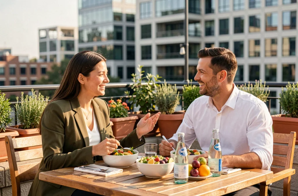 Deux collègues partageant un déjeuner équilibré en terrasse, illustrant l'impact d'une bonne alimentation sur la vigilance et la productivité professionnelle