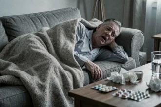 Homme adulte alité sur un canapé avec des médicaments éparpillés, illustrant les risques d'une grippe négligée et mal soignée