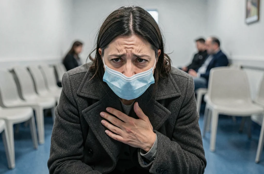 Femme anxieuse dans une salle d'attente d'hôpital portant un masque chirurgical, représentant les complications sérieuses d'une grippe non traitée