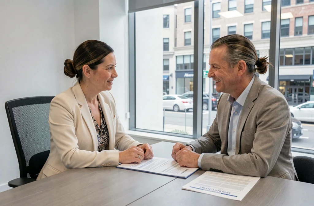Une femme consulte un conseiller financier au sujet de la déductibilité de l'assurance emprunteur sur les revenus fonciers