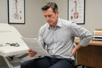 Homme en consultation médicale examinant des documents liés à une demande de rente pour discopathie lombaire