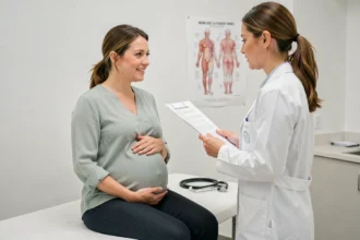 Femme enceinte lors d'une consultation médicale de suivi de grossesse avec son obstétricienne dans une clinique moderne