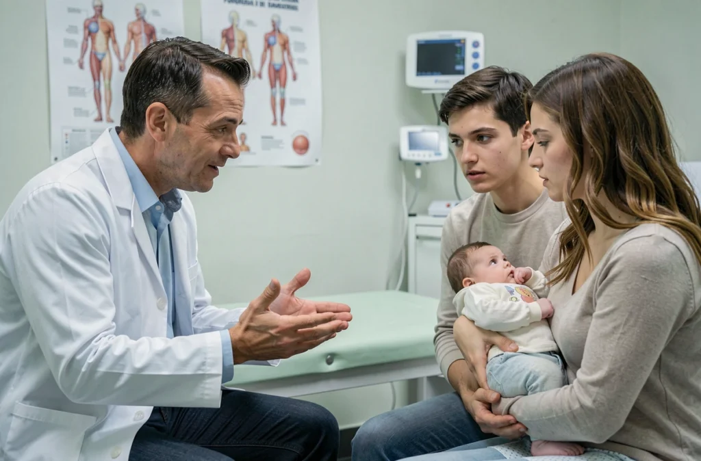 Pédiatre expliquant à de jeunes parents les effets du stress sur le développement de leur bébé lors d'une consultation médicale