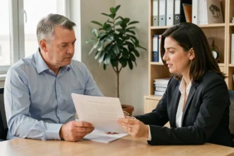 Un homme d'âge mûr discute de sa convention Aeras avec une conseillère en assurance dans un bureau professionnel