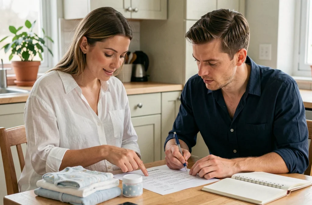 Couple attendant un bébé qui prépare ensemble la checklist de la valise de maternité