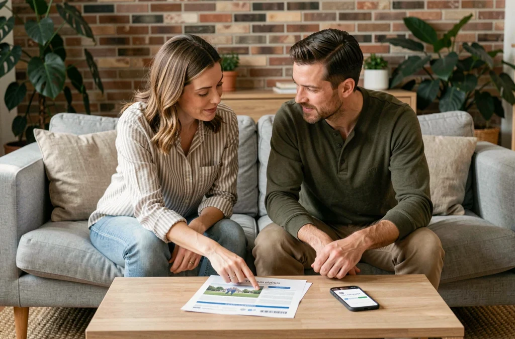 Couple étudiant ensemble les offres de mutuelle santé dans leur salon